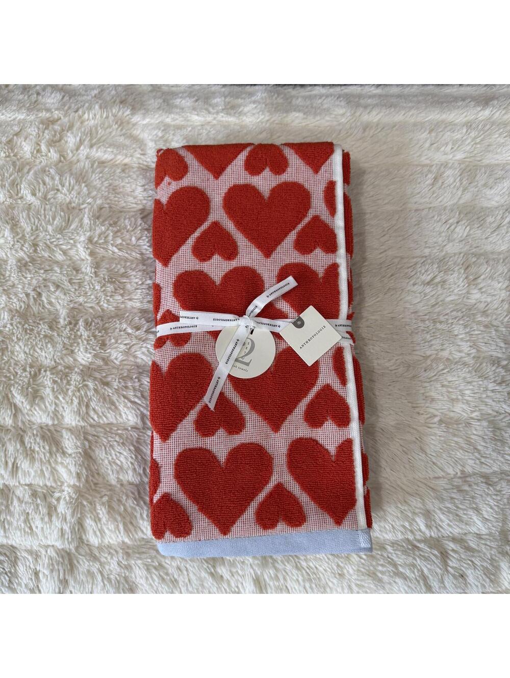 Anthropologie Heart Patterned Bath Towels Set - Red & Blue